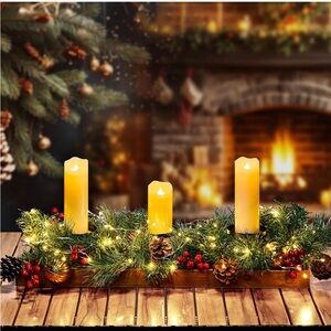 Holiday Candle Holder Fairy Lights, Pine Cones, Berries NIB